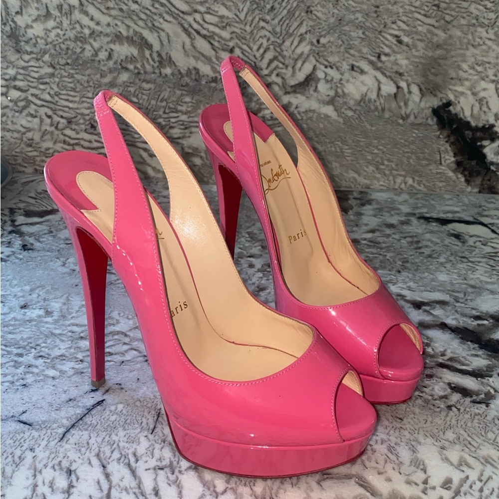 Christian Louboutins lady peep sling 150 patent calf in Darling
